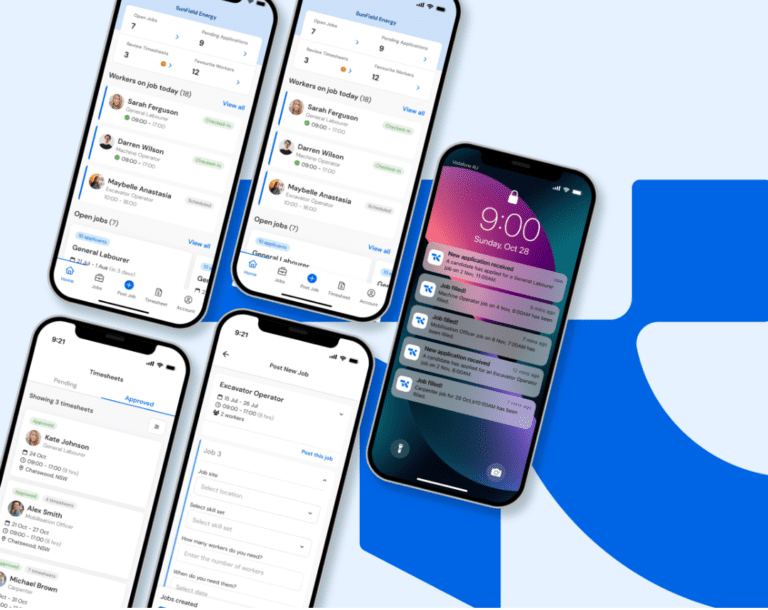 Collection of screenshots from the TradeConnex app for workers to accept new jobs